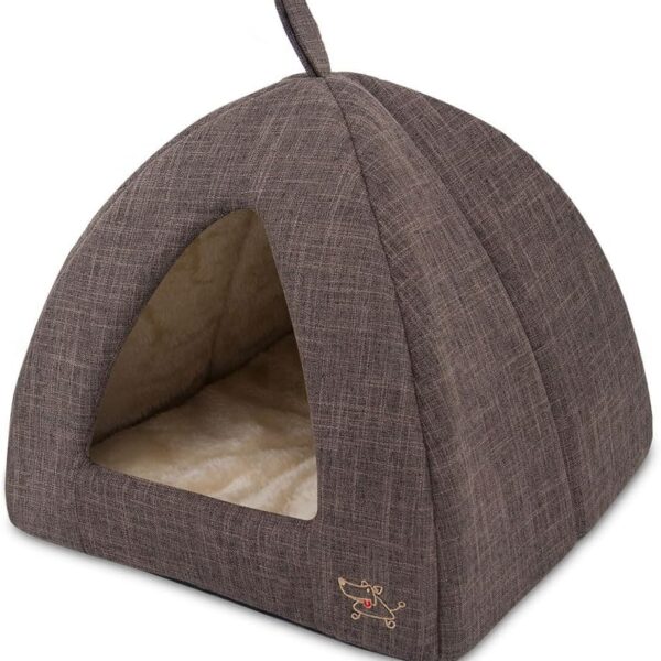 Best Pet Supplies Dog House Bed Crate Mat Tent Indoor Round Soft Plush for Small, Medium, and Large Breeds - Brown Linen, 16" x 16" x H:14"