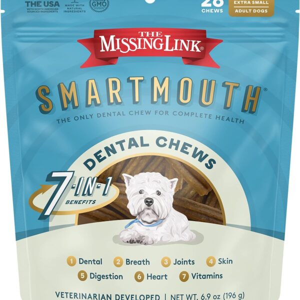 The Missing Link Smartmouth Vet Developed Dental Chew Treats, 7-in-1 Benefits: Healthy Teeth & Gums, Breath, Skin, Joints, Digestion, Heart, Immune System Petite/XS 5-15lb Dogs, 28 Ct