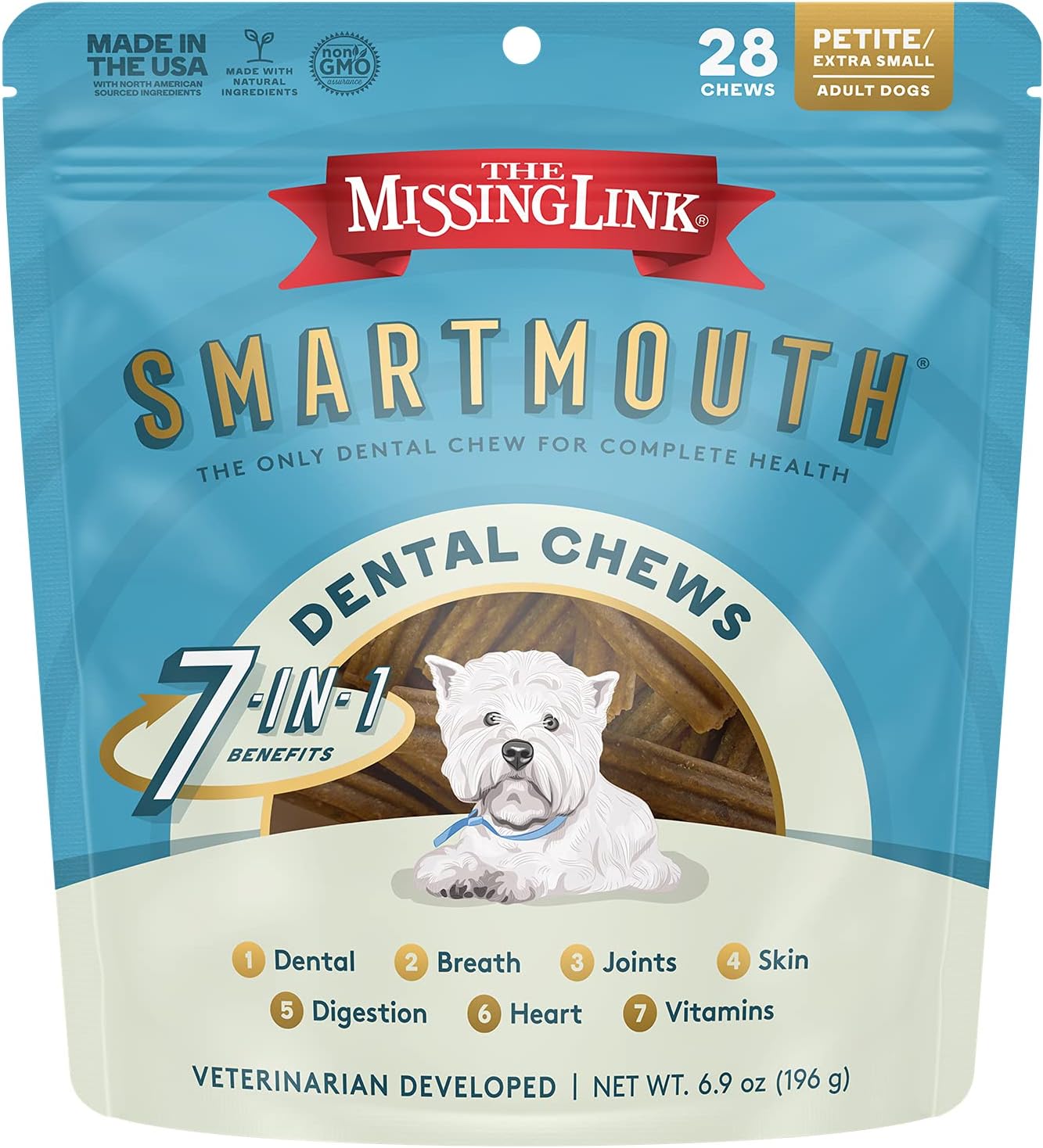 The Missing Link Smartmouth Vet Developed Dental Chew Treats, 7-in-1 Benefits: Healthy Teeth & Gums, Breath, Skin, Joints, Digestion, Heart, Immune System Petite/XS 5-15lb Dogs, 28 Ct The Missing Link Smartmouth Vet Developed Dental Chew Treats, 7-in-1 Benefits: Healthy Teeth & Gums, Breath, Skin, Joints, Digestion, Heart, Immune System Petite/XS 5-15lb Dogs, 28 Ct