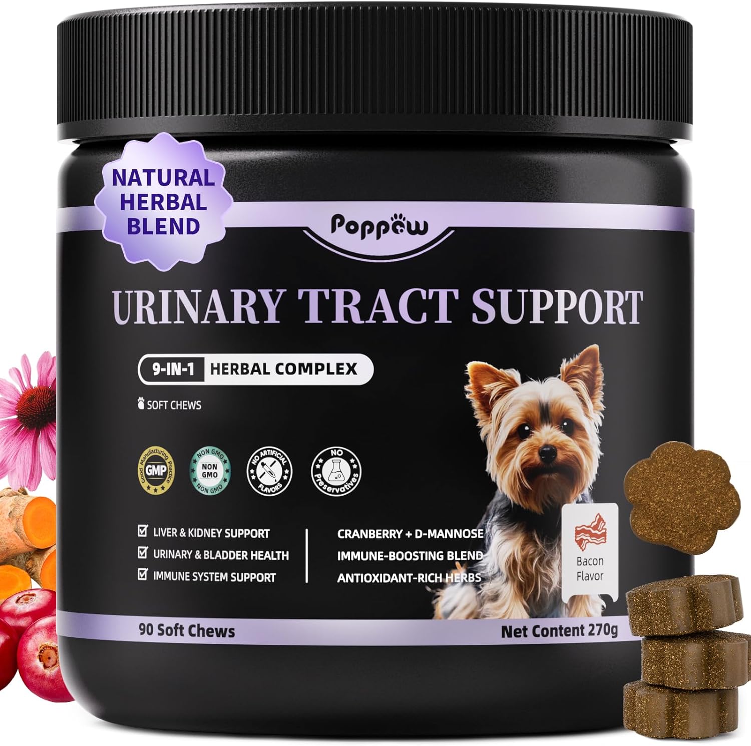 Cranberry Supplement for Dogs with DMannose UTI & Urinary Tract Support, Bladder Control, Kidney & Immune Support Bacon Flavor, 90 Soft Chews Cranberry Supplement for Dogs with DMannose UTI & Urinary Tract Support, Bladder Control, Kidney & Immune Support Bacon Flavor, 90 Soft Chews