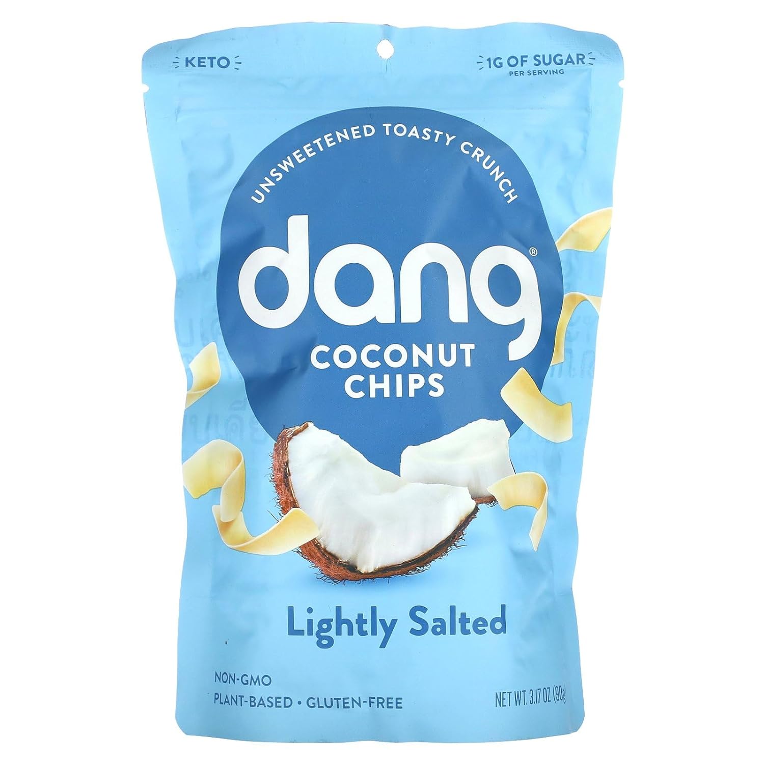 DANG Keto Toasted Coconut Chips | Lightly Salted Unsweetened | 1 Pack | Keto Certified, Vegan, Gluten Free, Paleo Friendly, Non Gmo, Healthy Snacks Made With Whole Foods | 3.17 Oz Resealable Bags DANG Keto Toasted Coconut Chips | Lightly Salted Unsweetened | 1 Pack | Keto Certified, Vegan, Gluten Free, Paleo Friendly, Non Gmo, Healthy Snacks Made With Whole Foods | 3.17 Oz Resealable Bags