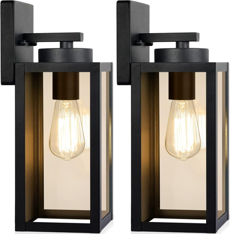 Outdoor Wall Light Fixtures, Exterior Waterproof Wall Lanterns, Porch Sconces Lighting with E26 Sockets & Glass Shades, Modern Matte Black Outside Lights for Patio Front Door Entryway Garage, 2-Pack