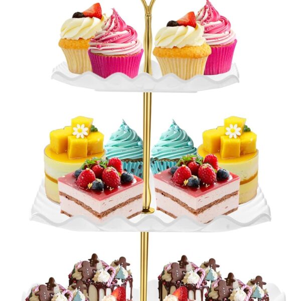Dessert Cupcake Stand, 3 Tier Cup Cake Holder Tower for Tea Party/Birthday/Wedding, Plastic Tiered Serving Tray with Metal Rod, White