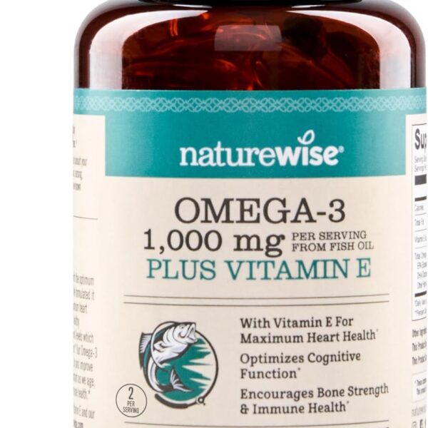 NatureWise Extra-Strength Omega 3 Fish Oil Supplement - 1000mg per Serving - 600 EPA & 400 DHA and Vitamin E - Support for Heart & Brain Health - Lemon Flavor, GMO-Free - 60 Softgels[1-Month Supply]