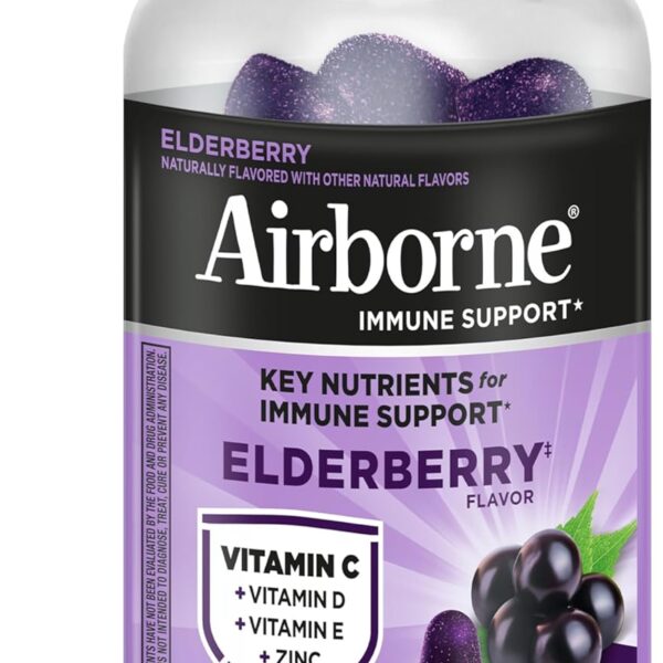 Airborne Elderberry + Zinc & Vitamin C Gummies For Adults, Immune Support Vitamin D & Zinc Gummies With Powerful Antioxidant Vitamins C D & E - 50 Gummies, Elderberry Flavor