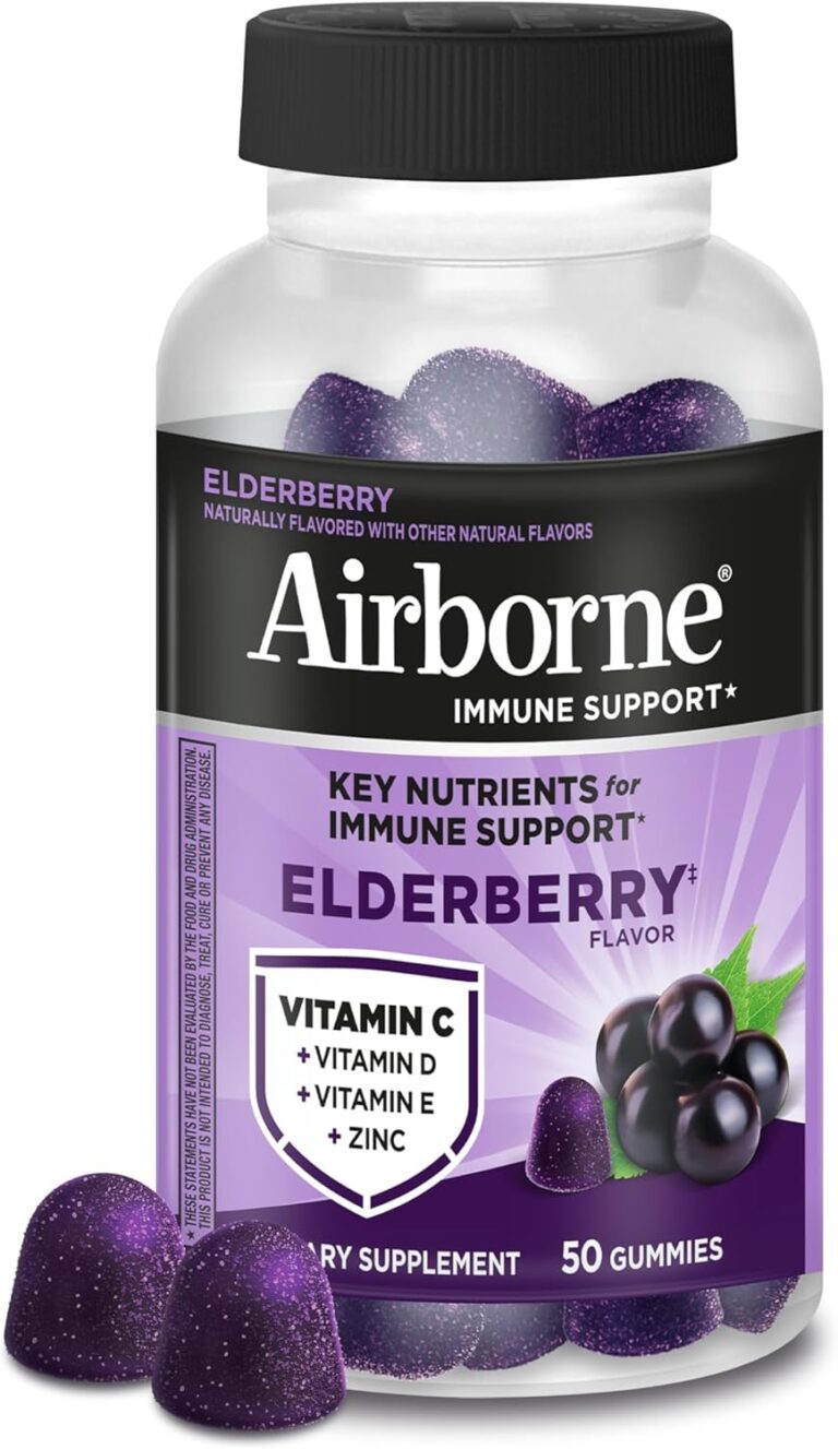 Airborne Elderberry + Zinc & Vitamin C Gummies For Adults, Immune Support Vitamin D & Zinc Gummies With Powerful Antioxidant Vitamins C D & E - 50 Gummies, Elderberry Flavor