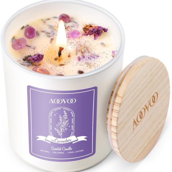 AOOVOO Lavender Scented Candles for Women - Aromatherapy Candle with Crystals Inside, 10oz Soy Candles for Home Scented, Birthday Gifts Valentines Day Candle for Women Mom