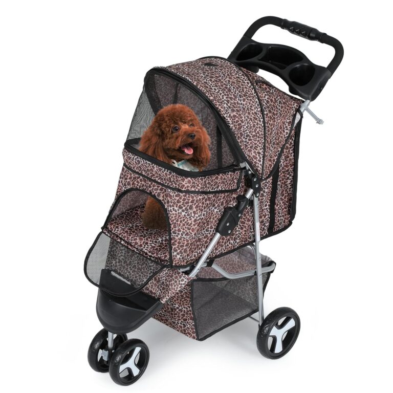 Dog Stroller for Dogs and Cats, Foldable Pet Jogger Stroller with Cup Holders, Cat Stroller w/Bottom Storage for Pets up to 33 lbs, Leopard Print