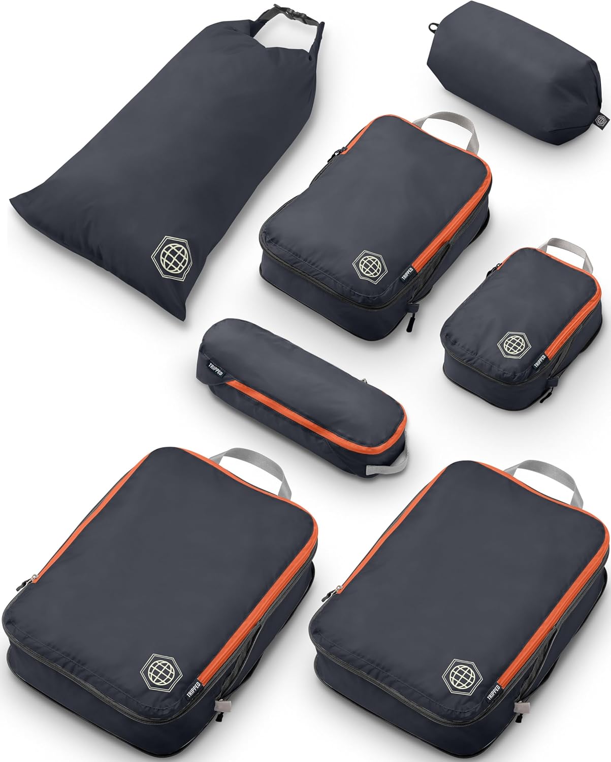 Large Compression Packing Cubes for Travel-Packing Cube Luggage Organizers 7 Piece Set for Checked Luggage-Ultralight, Expandable/Compression Bags by TRIPPED Travel Gear (Grey/Orange) Large Compression Packing Cubes for Travel-Packing Cube Luggage Organizers 7 Piece Set for Checked Luggage-Ultralight, Expandable/Compression Bags by TRIPPED Travel Gear (Grey/Orange)