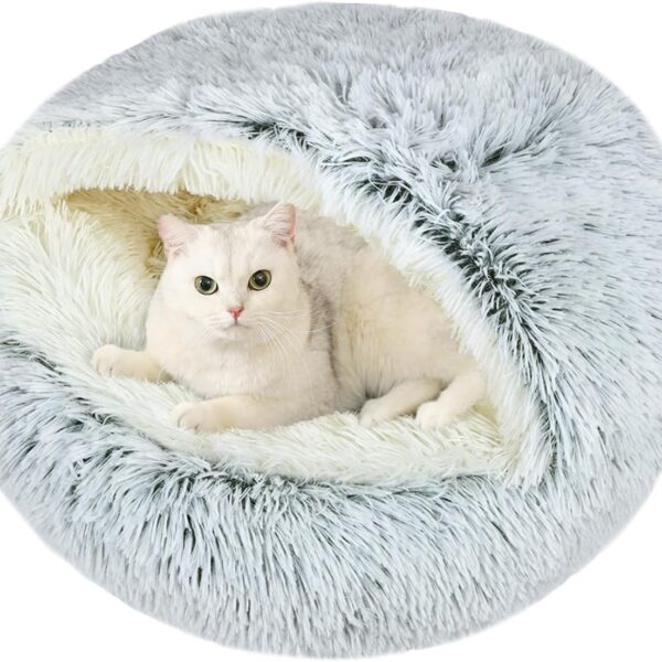 Calming Cat Beds, Fluffy Plush Round Cat Cave Washable, Cozy Warming Anti-Slip Small Dog Bed for Puppy and Kitten, Soft Anti Anxiety Pet Nest (2020 inch, Grey)