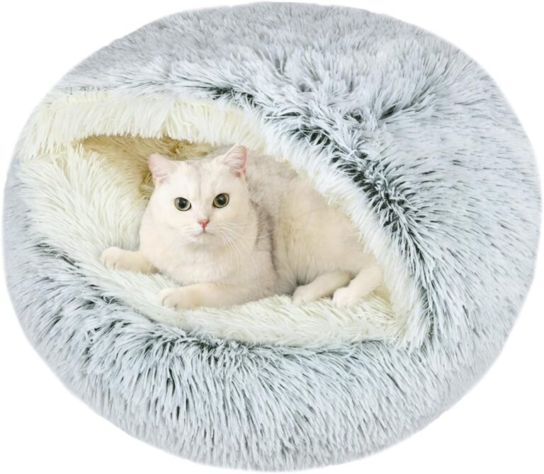 Calming Cat Beds, Fluffy Plush Round Cat Cave Washable, Cozy Warming Anti-Slip Small Dog Bed for Puppy and Kitten, Soft Anti Anxiety Pet Nest (2020 inch, Grey)