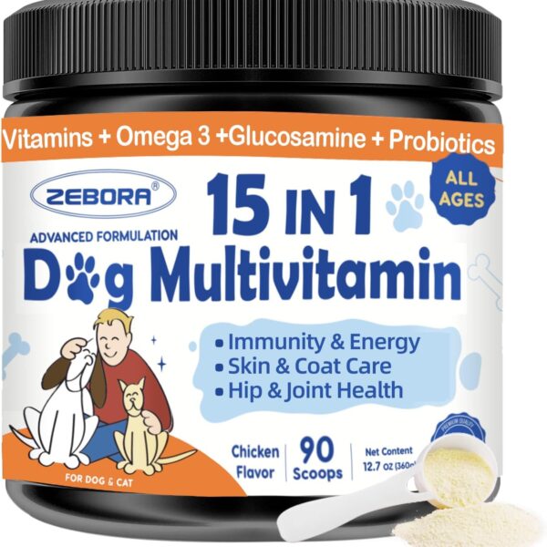 ZEBORA Dog Multivitamin Powder with Glucosamine, Dog Vitamins and Supplements for Immune Support, Skin and Coat Supplement with Omega 3 for Allergy Relief, Probiotics for Digestive & Gut Health