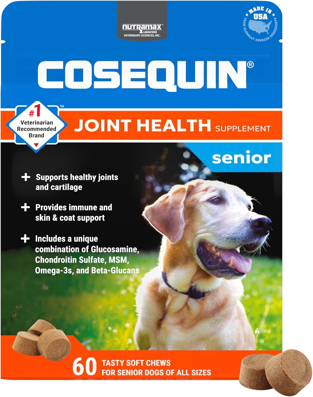 Nutramax Cosequin for Senior Dogs Joint Health Supplement, Contains Glucosamine for Dogs, Chondroitin, MSM, Omega-3s and Beta-Glucan, Supports Joint, Skin and Coat, Immune Health, Soft Chews, 60 Count Nutramax Cosequin for Senior Dogs Joint Health Supplement, Contains Glucosamine for Dogs, Chondroitin, MSM, Omega-3s and Beta-Glucan, Supports Joint, Skin and Coat, Immune Health, Soft Chews, 60 Count