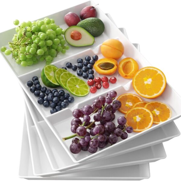 Lifewit Serving Tray Divided for Party Supplies, 4 PCS 15" x 10" Plastic Platters for Serving Food, White Reusable Tray for Veggie, Snack, Fruit, Cookies, Desserts in Kitchen/Pantry
