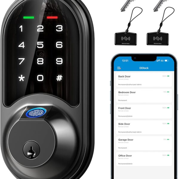 Veise RZ07 Fingerprint Smart Lock, 7-in-1 Smart Locks for Front Door, Keyless Entry Door Lock with App Control, Biometric Electronic Touchscreen Keypad Deadbolt, Matte Black