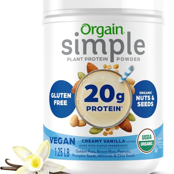 Orgain Organic Simple Vegan Protein Powder, Vanilla - 20g Plant Based Protein, Made with less Ingredients, No Artificial Sweeteners, Gluten Free, No Dairy or Lactose, 1.25 lb (Packaging May Vary)