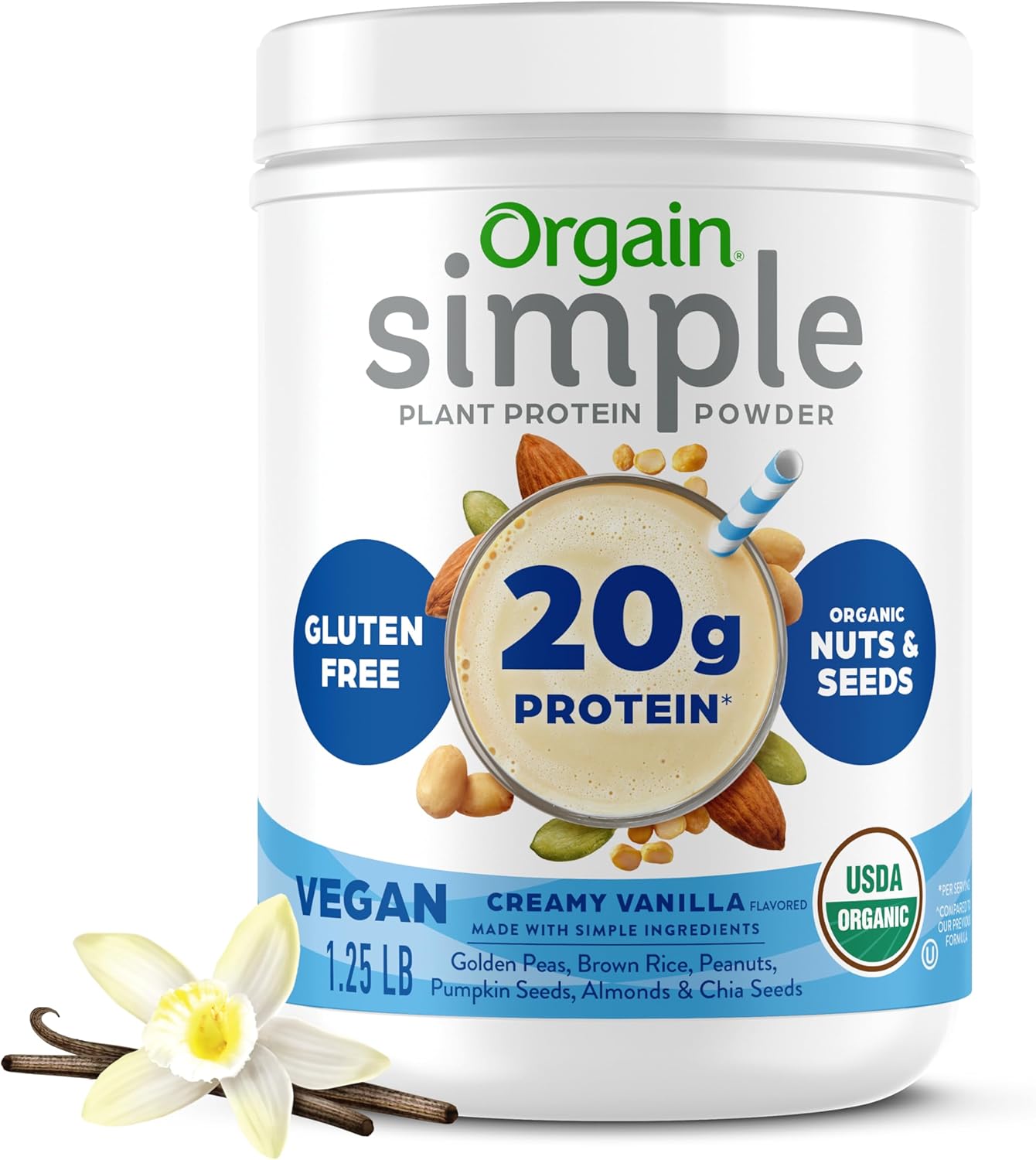 Orgain Organic Simple Vegan Protein Powder, Vanilla - 20g Plant Based Protein, Made with less Ingredients, No Artificial Sweeteners, Gluten Free, No Dairy or Lactose, 1.25 lb (Packaging May Vary) Orgain Organic Simple Vegan Protein Powder, Vanilla - 20g Plant Based Protein, Made with less Ingredients, No Artificial Sweeteners, Gluten Free, No Dairy or Lactose, 1.25 lb (Packaging May Vary)