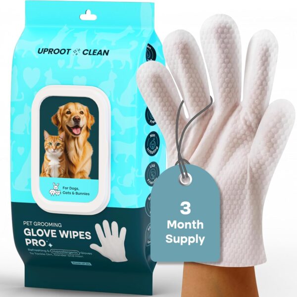 Uproot QuickClean Gloves Pro: Extra-Thick Pet Glove Wipes for Dogs & Cats - Easy Wipe Paws, Eyes, Ears, Butt, & Body - Lick-Safe for Cats & Dogs - Cleaning, Deodorizing & Grooming (20 Pack)