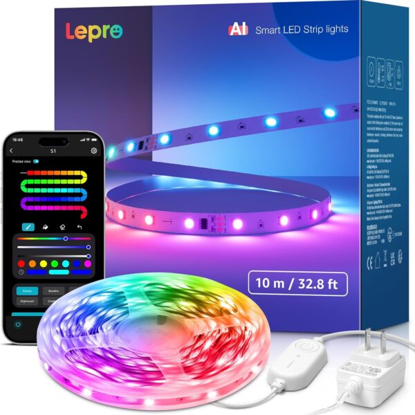 Lepro S1 AI LED Strip Lights for Bedroom - 32.8ft Smart RGB Light Strips with IC and Rainbow Chasing Effects, Color Segment DIY, Personalized Al Lighting Designer, No Remote, 2.4G Wi-Fi & Bluetooth