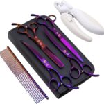 8.0 in 9CR Titanium Professional dog grooming scissors set,Grooming Scissors for Dogs Cats,Pet nail clippers,Shears, Straight,Curved,Thinning Shears,Comb for Full Body,Face, Nose,Ear,Paw