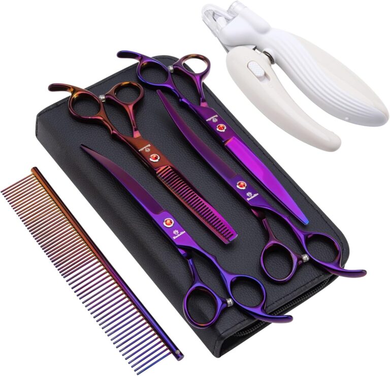 8.0 in 9CR Titanium Professional dog grooming scissors set,Grooming Scissors for Dogs Cats,Pet nail clippers,Shears, Straight,Curved,Thinning Shears,Comb for Full Body,Face, Nose,Ear,Paw