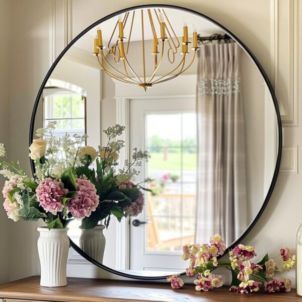 Round Wall Mirror, 20 inch Black Circle Mirror, Black Metal Frame Round Mirrors, Circle Wall Mounted Mirrors for Bathroom, Living Room, Bedroom, Entryway, Vanity