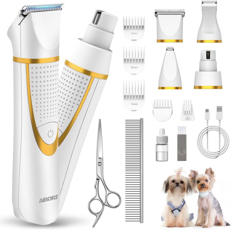 AIBORS Small Dog Grooming Kit, 4 in 1 Electric Cordless Dog Paw Trimmer with Nail Grinder, Low Noise Dog Nail Trimmers, IPX7 Waterproof Small Dog Grooming Clippers for Paws, Ears, Face, Hip Hairl