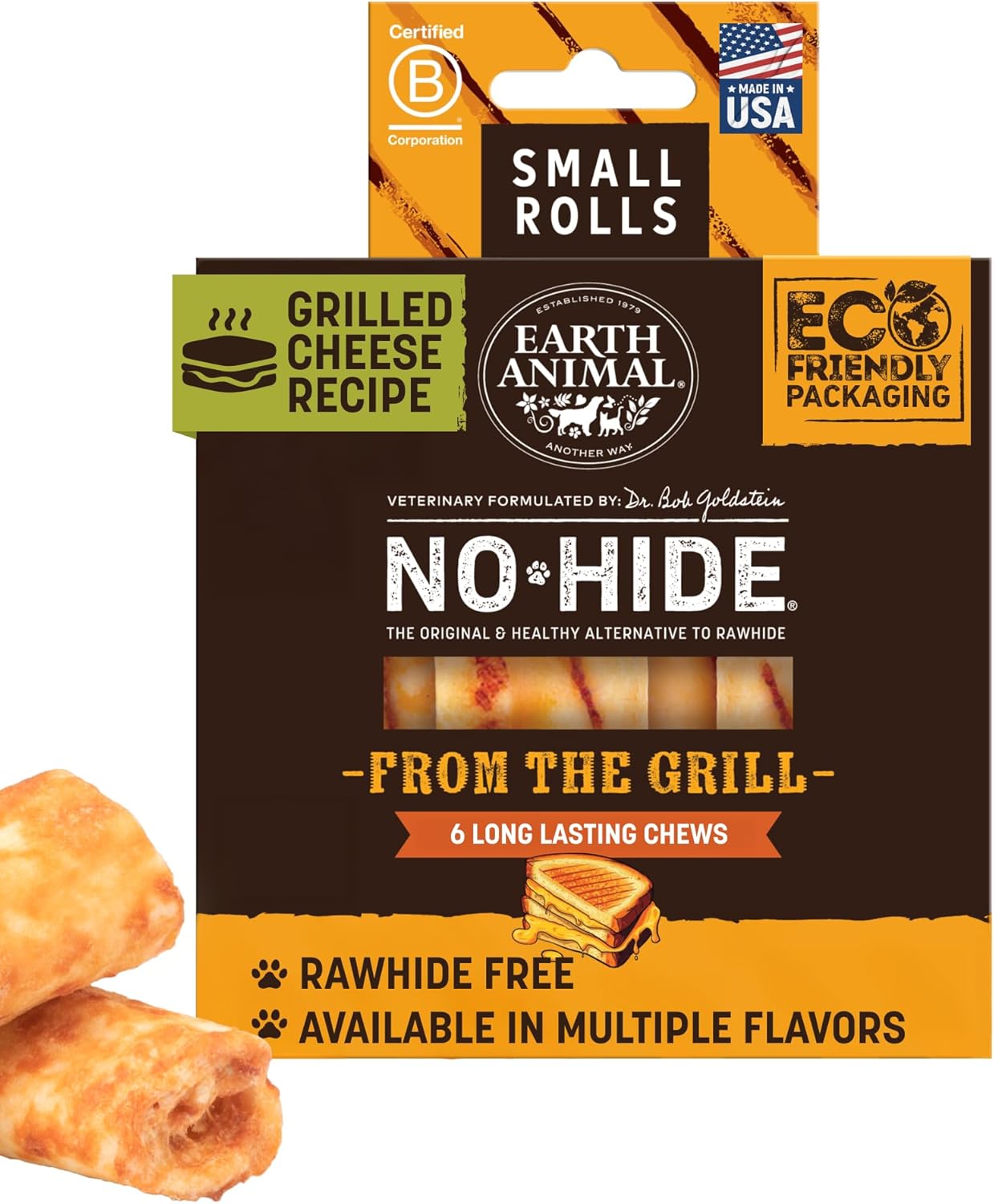 Earth Animal No Hide Chews - from The Grill Rolls Grilled Cheese Vegetarian Flavor Rawhide Free Small Dog Chews - 6 Count Earth Animal No Hide Chews - from The Grill Rolls Grilled Cheese Vegetarian Flavor Rawhide Free Small Dog Chews - 6 Count