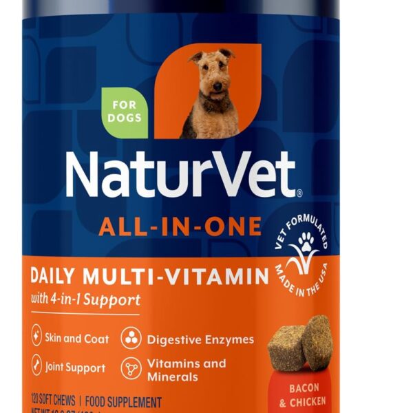NaturVet All-in-One Dog Supplement - for Joint Support, Digestion, Skin, Coat Care  Dog Multivitamins with Minerals, Omega-3, 6, 9  Wheat-Free Vitamins for Dogs  120 Soft Chews