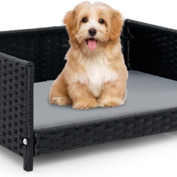 Giantex Wicker Dog Bed, Raised Woven Rattan Pet Bed Sofa Couch w/Waterproof & Washable Cushion, Metal Frame, Indoor Outdoor Elevated Dog Sofa for Medium Small Dogs Cats, 24.5" L x 18" W x 10" H