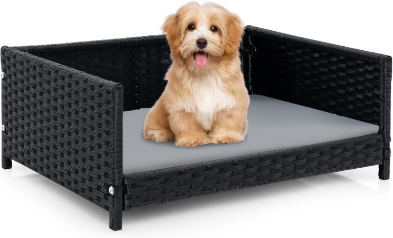 Giantex Wicker Dog Bed, Raised Woven Rattan Pet Bed Sofa Couch w/Waterproof & Washable Cushion, Metal Frame, Indoor Outdoor Elevated Dog Sofa for Medium Small Dogs Cats, 24.5" L x 18" W x 10" H