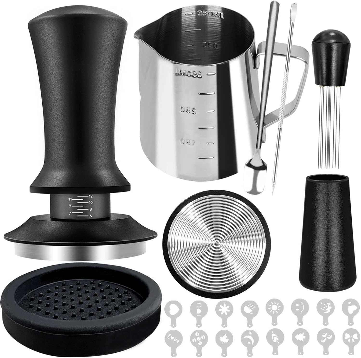 22 PCS Coffee Tamper Set, Espresso Accessories Barista Kit, with 51mm Espresso Tamper, WDT Tool, Frothing Pitcher(350 ml), Latte Art Pen, Coffee Stirrer, Tamper Mat, 16 Coffee Stencils 22 PCS Coffee Tamper Set, Espresso Accessories Barista Kit, with 51mm Espresso Tamper, WDT Tool, Frothing Pitcher(350 ml), Latte Art Pen, Coffee Stirrer, Tamper Mat, 16 Coffee Stencils
