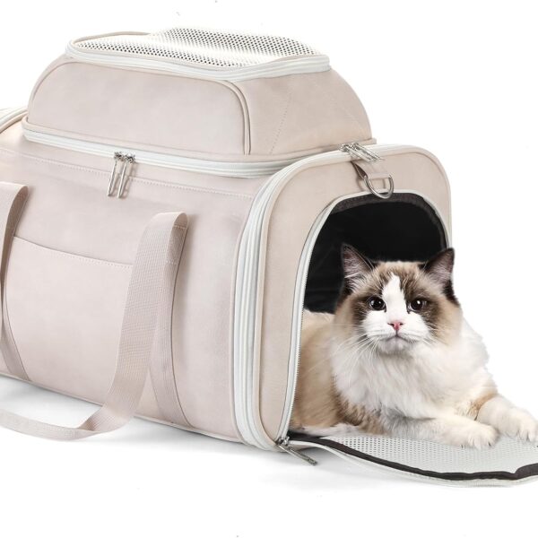 Premium Leather Top Expandable Pet Carrier for Small Dogs & Cats Under 15 lbs, Airline Approved Collapsible Soft-Sided Luxury Travel Bag Beige