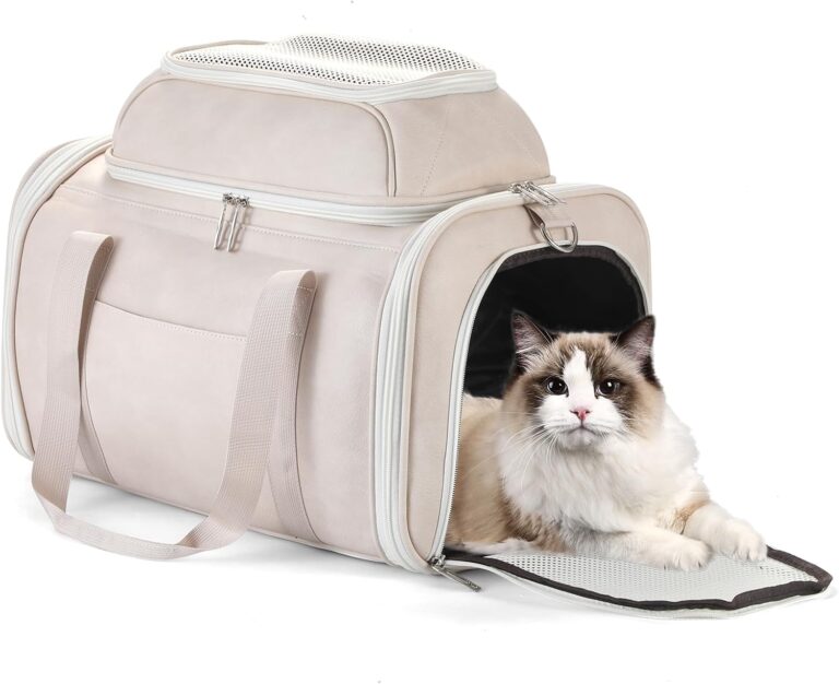Premium Leather Top Expandable Pet Carrier for Small Dogs & Cats Under 15 lbs, Airline Approved Collapsible Soft-Sided Luxury Travel Bag Beige