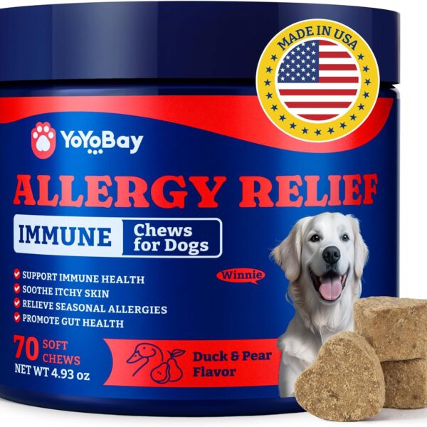 Dog Allergy Relief Chews  70 Soft Chews, Duck & Pear Flavor - Immune Support & Itch Relief with Colostrum, Astragalus Root, 6-Strain Gut Health Blend