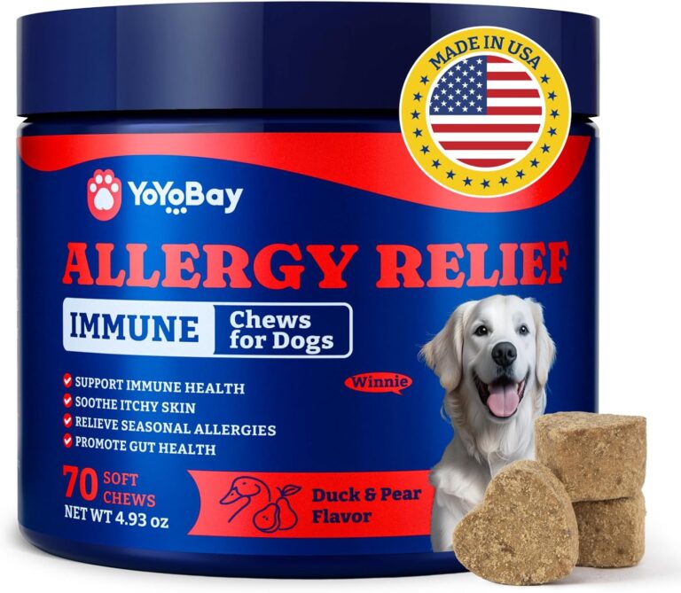 Dog Allergy Relief Chews  70 Soft Chews, Duck & Pear Flavor - Immune Support & Itch Relief with Colostrum, Astragalus Root, 6-Strain Gut Health Blend