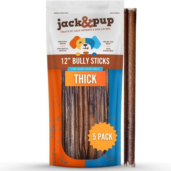 Jack&Pup 12 Inch Bully Sticks for Large Dogs (5 Pack) Thick Odor Free Bully Sticks, Long Lasting Pizzle Sticks for Dogs