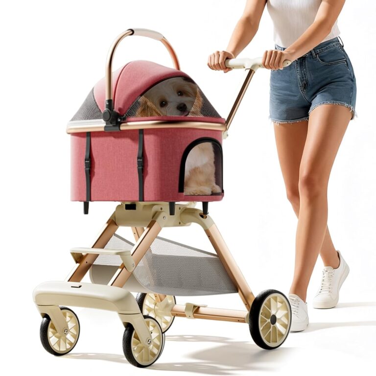 3-in-1 Pet Stroller with Detachable Carrier, Lightweight Foldable Dog Stroller for Small/Medium Dogs & Cats, All-Terrain Cat Travel with Car Seat, One-Hand Fold Design (British Red)