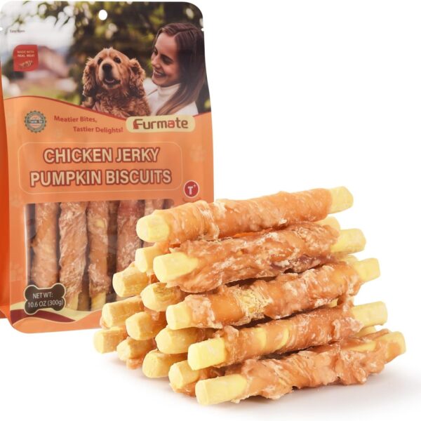 Chicken Jerky Wrapped Pumpkin Biscuits Treats for Dogs,Low Fat Rawhide Free Healthy Chewy Dog Training Treats,High Fiber Pumpkin Biscuits Dog Snacks for Small Medium Large Dogs 10.58 oz