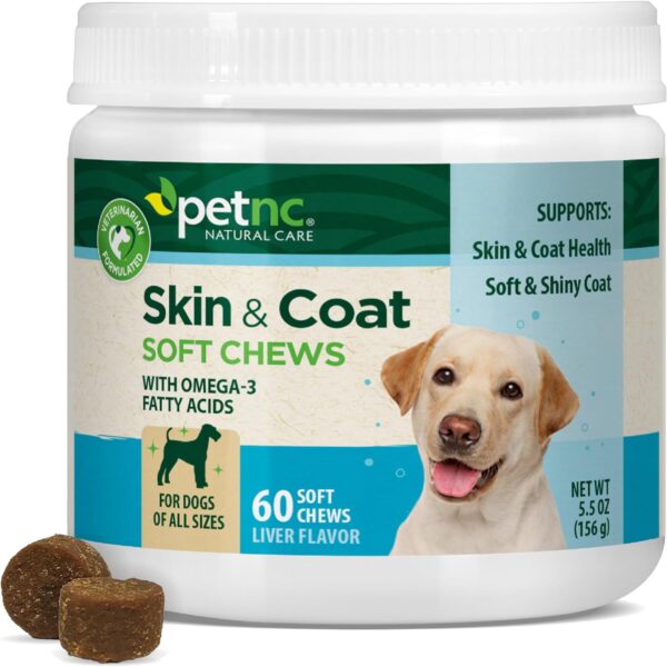 Petnc Dog Skin and Coat Supplement (60 Chewables), With Omega 3, EPA & DHA, Promotes Healthy Skin & Glossy Coat, For Dogs 18 Weeks & Older, Liver Flavor