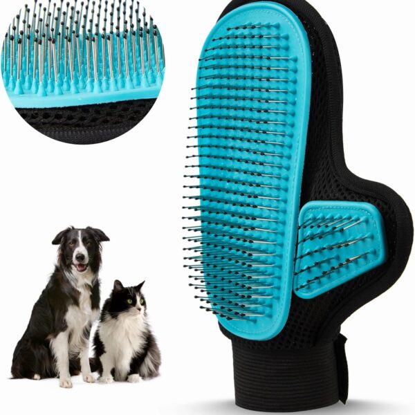 Beenefits 2025 Pet Grooming Glove with Tipped Pin Brush,Special Design Deshedding Glove, Perfect Petting Tool for Sensitive Dogs & Cats with Long & Medium Fur, Massage Mitt - Right-Hand - Blue