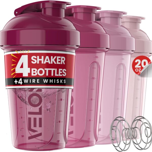 VELOMIX -4 PACK- 20 OZ Protein Shaker Bottles for Protein Mixes, Shaker Cups for Protein Shakes, Small Shaker Bottle Pack, Shaker Cup, Shakers for protein Shakes (Berry Blend)
