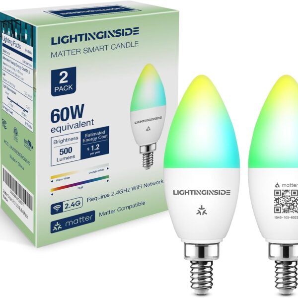 Lightinginside Matter Candelabra Smart Light Bulbs 60W Equivalent, 500LM 6W E12 LED Bulb Compatible with Alexa/Siri/Apple Home/Google Home/SmartThings, RGBCW Candle Bulb, 2.4G WiFi, ETL Listed, 2PCS