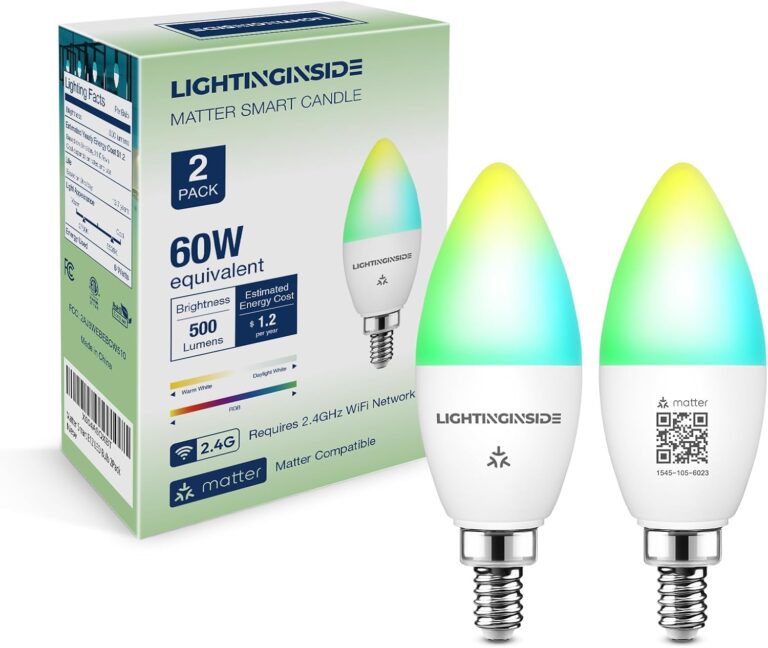 Lightinginside Matter Candelabra Smart Light Bulbs 60W Equivalent, 500LM 6W E12 LED Bulb Compatible with Alexa/Siri/Apple Home/Google Home/SmartThings, RGBCW Candle Bulb, 2.4G WiFi, ETL Listed, 2PCS