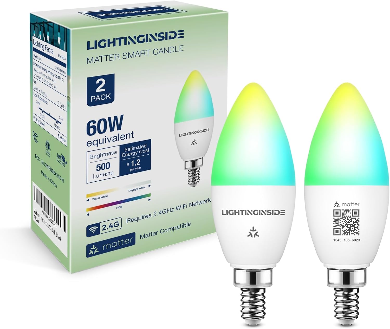 Lightinginside Matter Candelabra Smart Light Bulbs 60W Equivalent, 500LM 6W E12 LED Bulb Compatible with Alexa/Siri/Apple Home/Google Home/SmartThings, RGBCW Candle Bulb, 2.4G WiFi, ETL Listed, 2PCS Lightinginside Matter Candelabra Smart Light Bulbs 60W Equivalent, 500LM 6W E12 LED Bulb Compatible with Alexa/Siri/Apple Home/Google Home/SmartThings, RGBCW Candle Bulb, 2.4G WiFi, ETL Listed, 2PCS