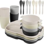 shopwithgreen Kids Toddlers Plates and Bowls Sets, 20 PCS Wheat Straw Dinnerware Cutlery Set, Unbreakable Tableware Divided Plate Spoon Knife Cup, Reusable Utensils Set for Kitchen Picnic School