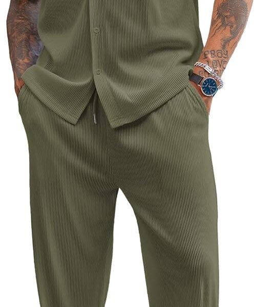 COOFANDY Men's 2 Piece Outfit Casual Short Sleeve Button Down Shirt Beach Summer Loose Pant Sets