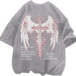 Vintage Goth Punk Shirts for Men Grunge Streetwear Oversized Tshirts Gothic Cross Y2k Graphic Tees Acid Wash T Shirt