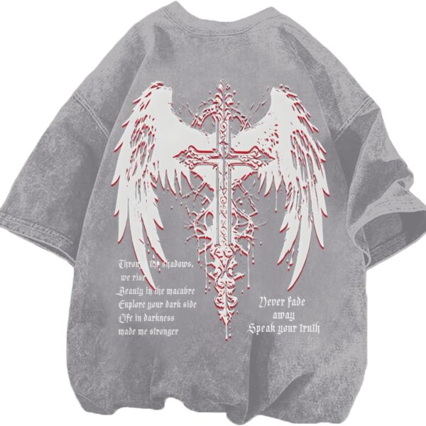 Vintage Goth Punk Shirts for Men Grunge Streetwear Oversized Tshirts Gothic Cross Y2k Graphic Tees Acid Wash T Shirt