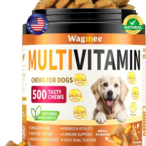 Dog Multivitamin, 500 Crunchy & Tasty Chew - Supports Daily Energy, Heart Health, Skin & Coat with Taurine, Krill Oil Omega-3, B Complex Vitamins & Zinc - Daily Multivitamin for All Breeds & Ages